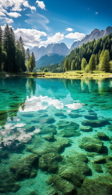Foto lago de montaña en las dolomitas italia paisaje de verano