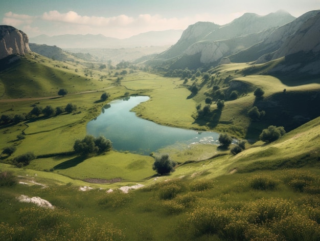 El lago de la montaña se encuentra en medio del campo. Obra de arte generada por ai.