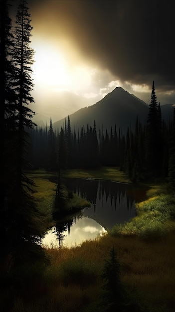 Un lago de montaña está rodeado por un bosque y el cielo está oscuro y nublado.