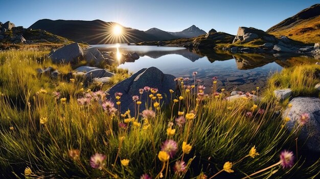 un lago de montaña con flores y montañas en el fondo