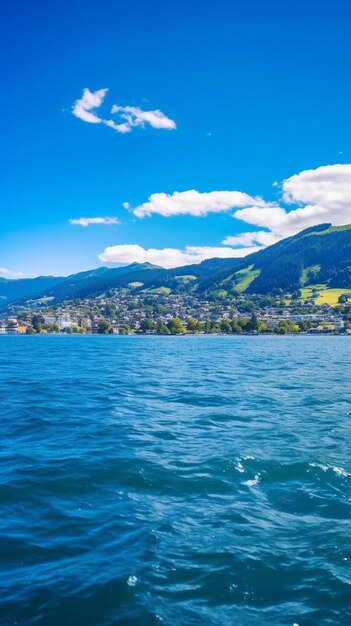 Foto un lago con una montaña en el fondo y un barco en el agua