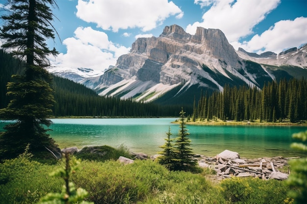 Un lago de montaña con un fondo borroso