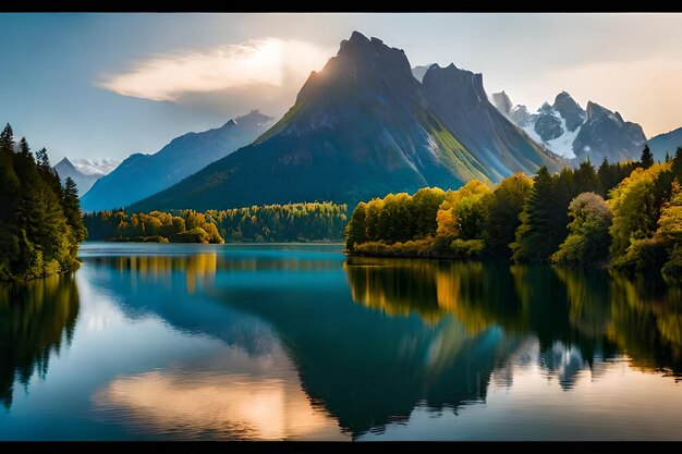 Foto un lago con una montaña en el fondo y una montaña al fondo.