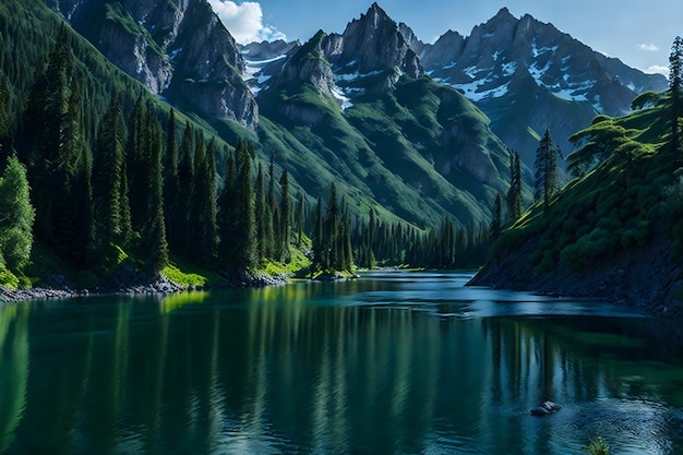 Un lago con una montaña en el fondo