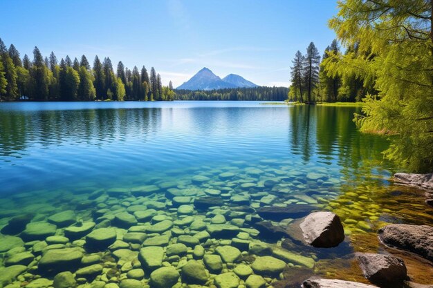 Foto un lago con una montaña en el fondo