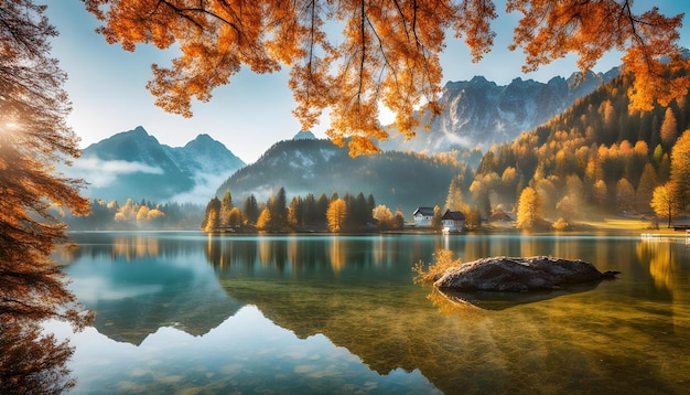 un lago con una montaña en el fondo