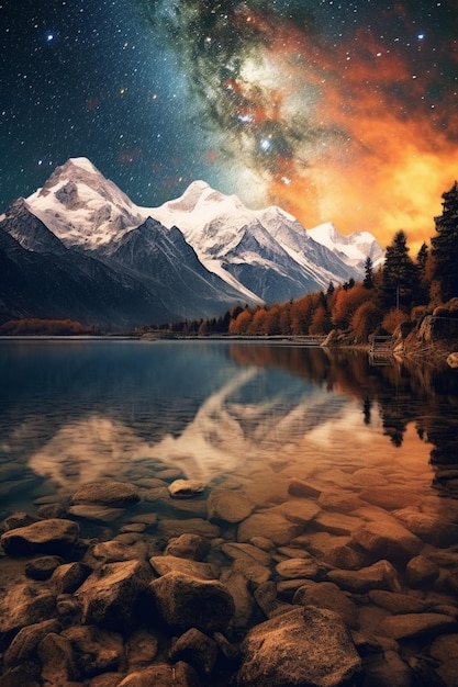 Un lago de montaña con una galaxia al fondo.