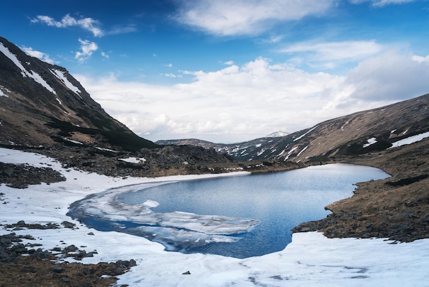 Lago de montaña con hielo y nieve en primavera