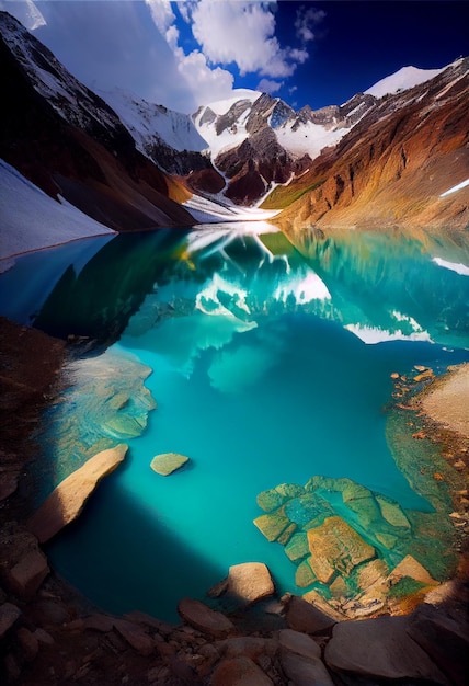 Un lago de montaña con un lago azul y montañas al fondo
