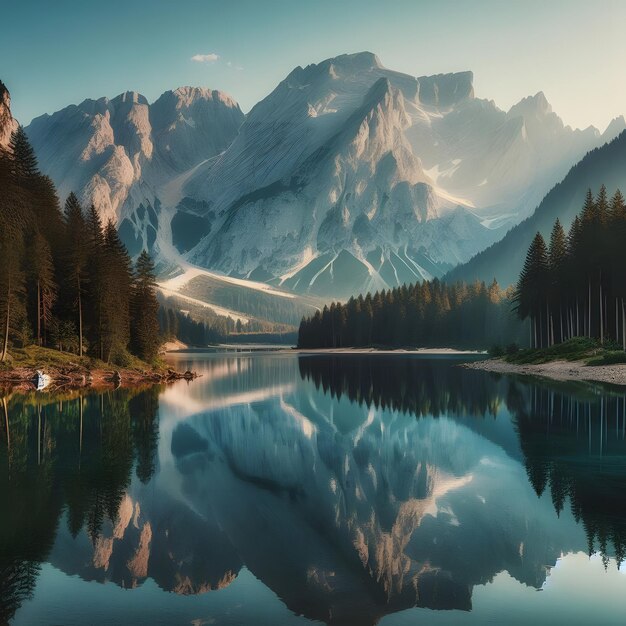 Foto lago de montaña lago de montaña con el reflejo de las montañas y las nubes