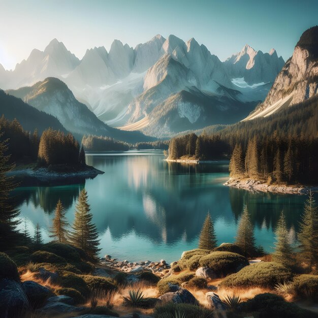 Foto lago de montaña lago de montaña con el reflejo de las montañas y las nubes