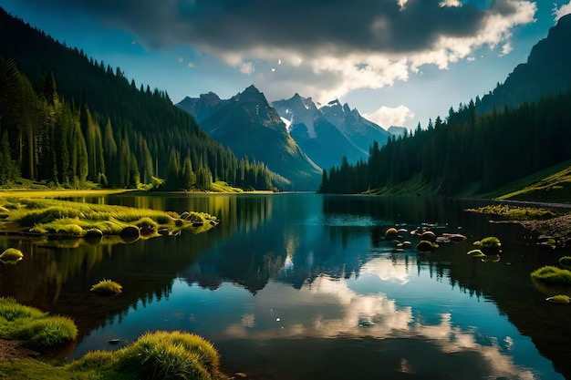 Foto un lago de montaña con un lago y montañas en el fondo