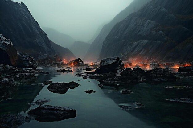 Foto lago de montaña con lava ardiente y rocas en las montañas por la noche