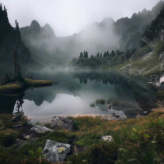 Un lago de montaña con una montaña al fondo y un cielo brumoso.