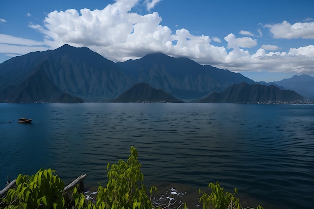 Un lago de montaña con una montaña al fondo.