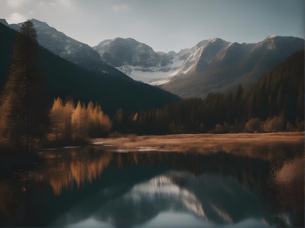 Un lago de montaña con una montaña al fondo.