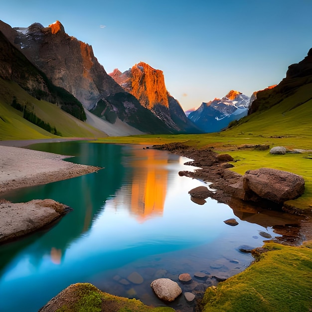 Un lago de montaña con una montaña al fondo.