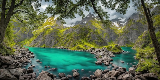 Un lago de montaña con una montaña al fondo.