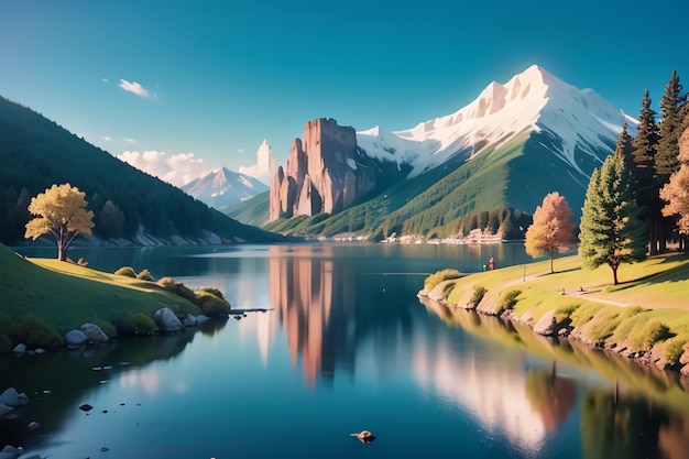 Un lago de montaña con una montaña al fondo.