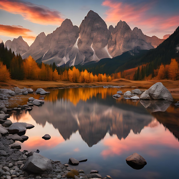 un lago de montaña con una montaña en el fondo y una montaña al fondo