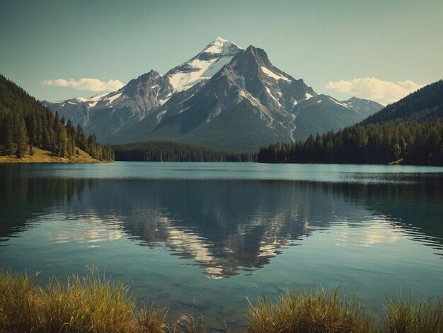 un lago de montaña con una montaña en el fondo