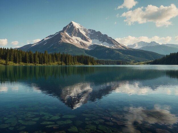 un lago de montaña con una montaña en el fondo