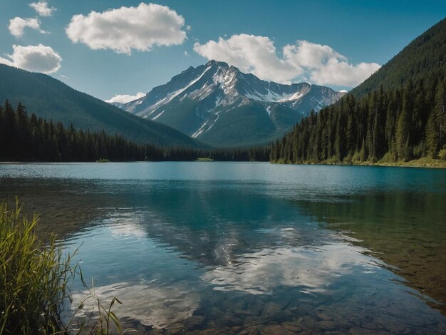 un lago de montaña con una montaña en el fondo