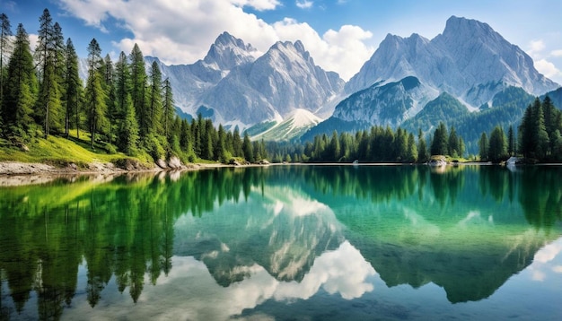 un lago de montaña con una montaña en el fondo