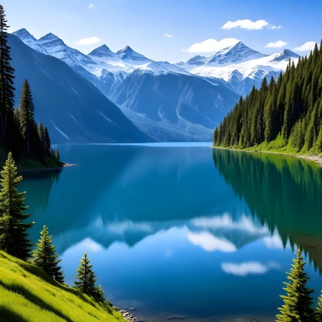 un lago de montaña con una montaña en el fondo