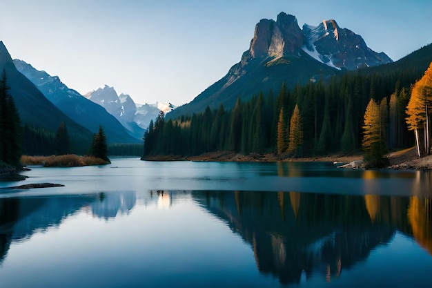 un lago de montaña con una montaña en el fondo.