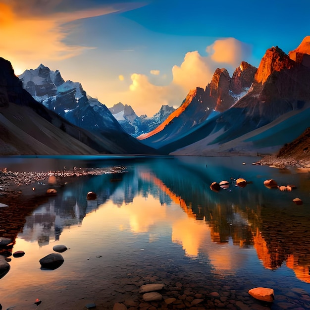 Un lago de montaña con montañas al fondo y un cielo azul con nubes.