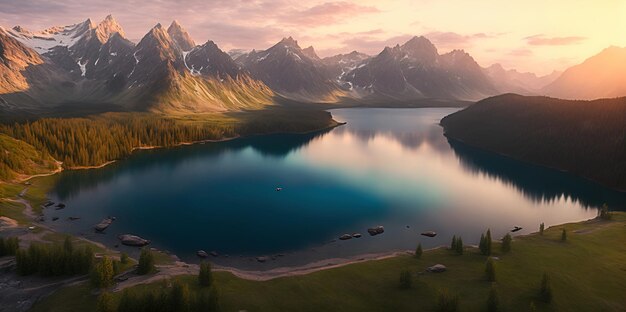 Un lago de montaña con montañas al fondo.