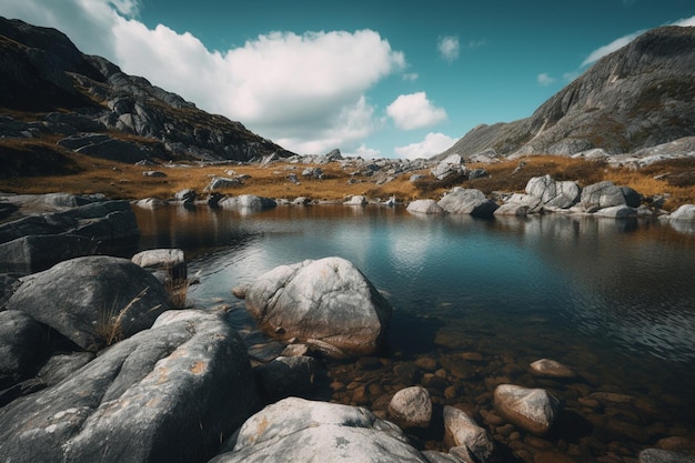 Un lago de montaña en las montañas con un cielo azul y nubes.