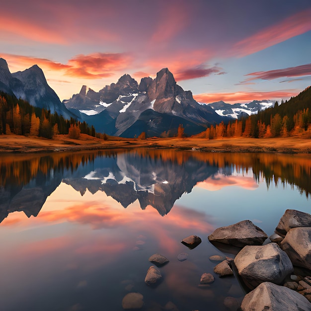 un lago de montaña con montañas en el fondo y una puesta de sol en el fondo