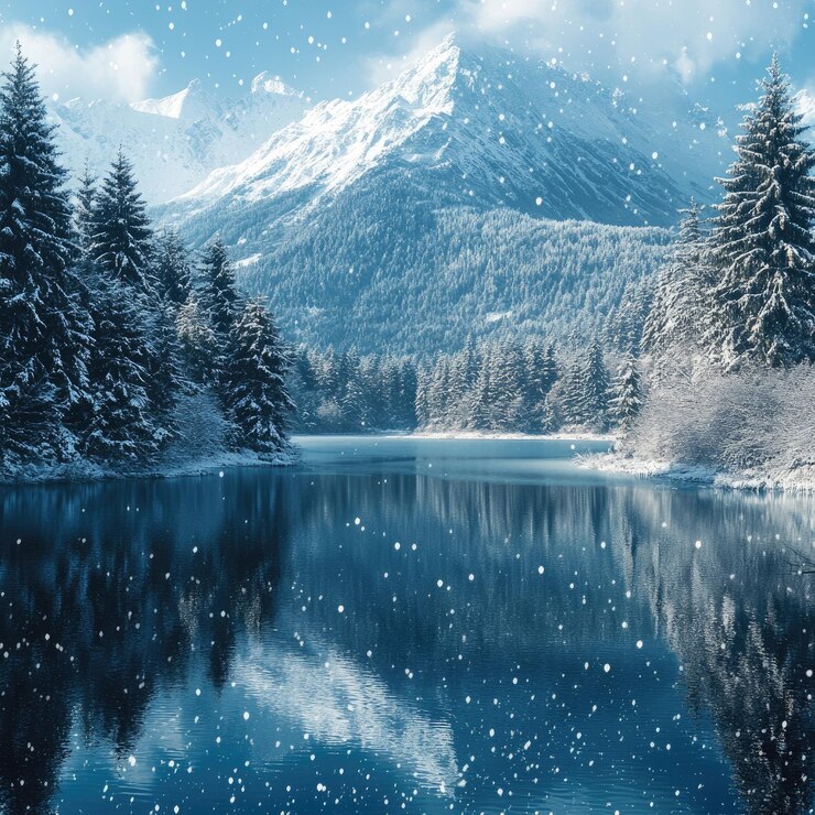 un lago de montaña nevado con un reflejo de una montaña en el fondo