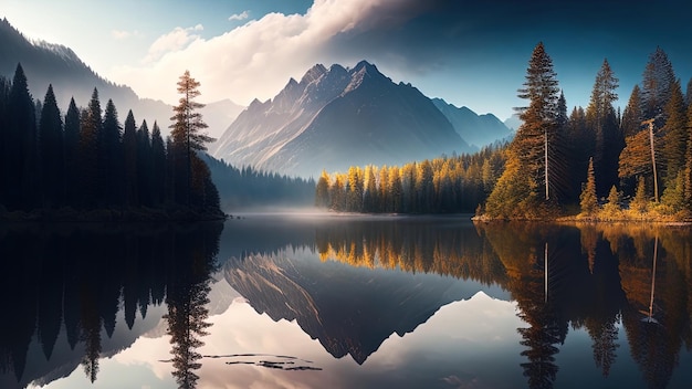 Lago de montaña en la niebla de la mañana con bosque de coníferas