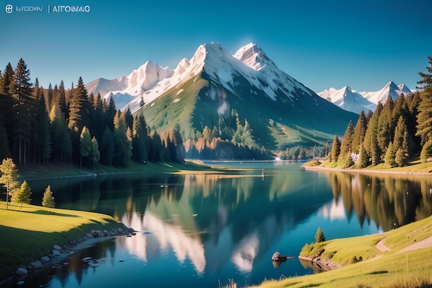 Un lago de montaña con nieve en la cima