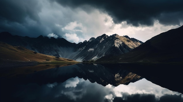 Un lago de montaña con nubes en el fondo.