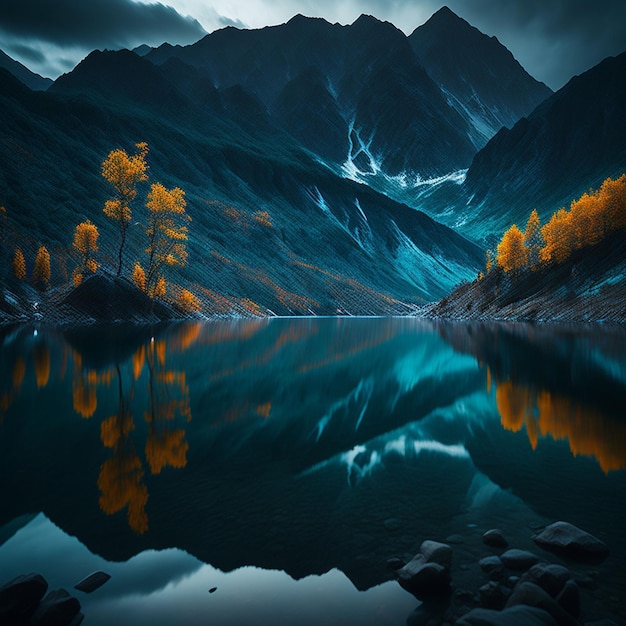 Foto lago de montaña en otoño con reflejo del cielo y las nubes