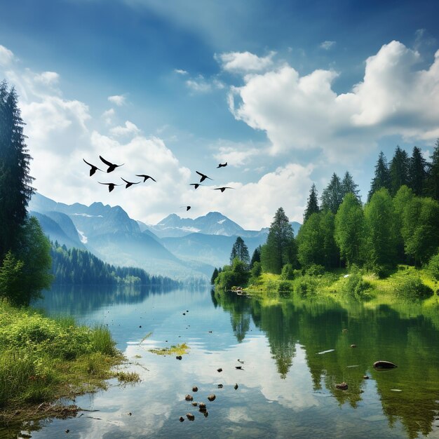 Lago de montaña con pájaros volando