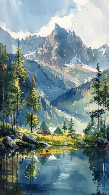 Lago de montaña con pinos