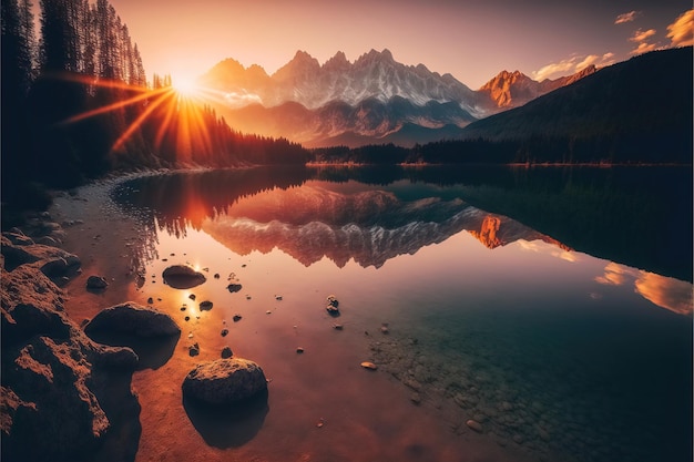 Un lago de montaña con la puesta de sol detrás de él