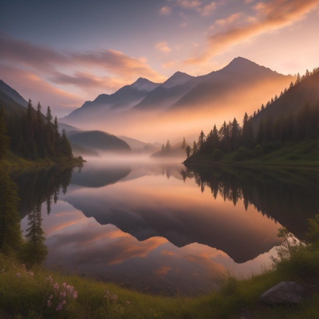 Un lago de montaña con una puesta de sol de fondo