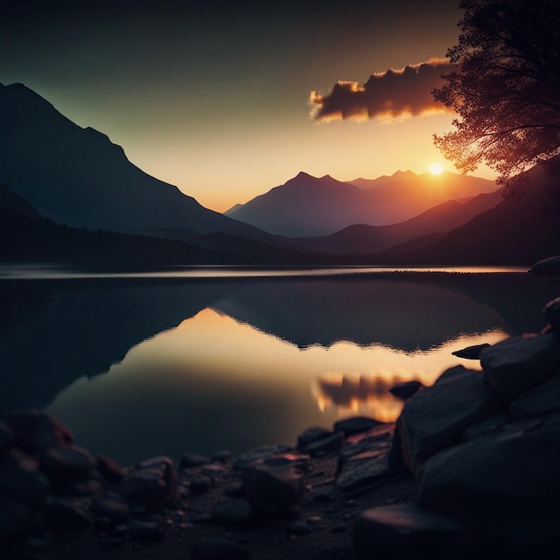 Un lago de montaña con una puesta de sol en el fondo.