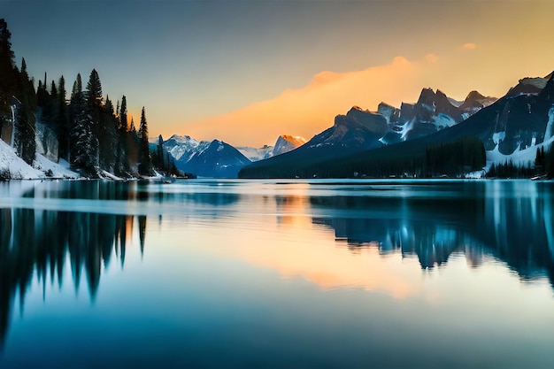 Un lago de montaña con una puesta de sol de fondo