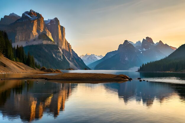 Un lago de montaña con una puesta de sol de fondo