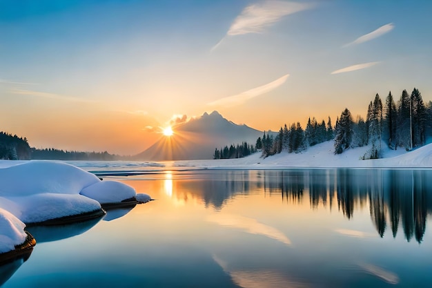 un lago de montaña con una puesta de sol en el fondo