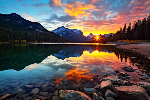 Un lago de montaña que refleja los colores de la puesta de sol.