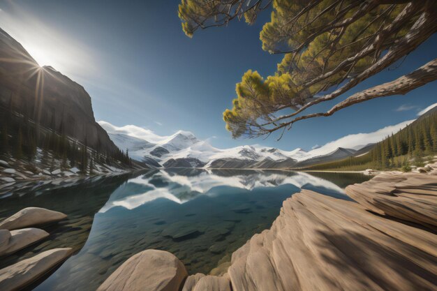 Lago de montaña y reflejo del cielo en el agua generativo ai