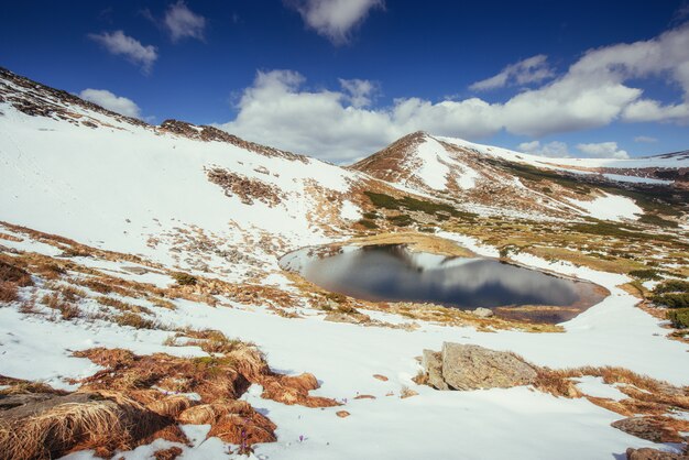 Lago de montaña Reflejo del cielo en el agua. Paisaje de primavera